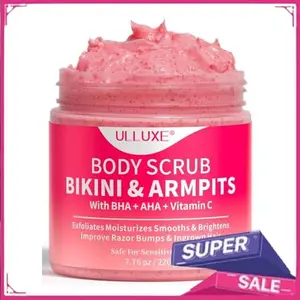 Bikini Area Exfoliator with 10% AHAs BHA & Vitamin C, Exfoliating Body Scrub for Ingrown Hair and Underarm Bumps, Dark Spots, Moisturize Brighten Soothe & Even Skin Tone, Sensitive Skin Safe, 7.76 oz