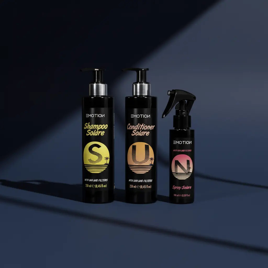 Emotion SUN Solar Shampoo Conditioner & Spray Set 250ml Shampoo 250ml Conditioner 100ml Spray Enriched with UVA UVB Filters for Soft Shiny Hair Protection