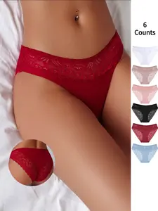 Women's Lace Hollow Out Thong Panties, Elegant Soft Breathable Underwear, Pure Color Semi-Transparent Sexy Lingerie, 6 Pairs Pack