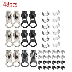 A set of 48 quick-release zipper repair kits featuring easy-to-replace sliders, fixed double-zipper pull heads, and suitable for various sizes of zippers used in clothing, luggage, backpacks, and more.