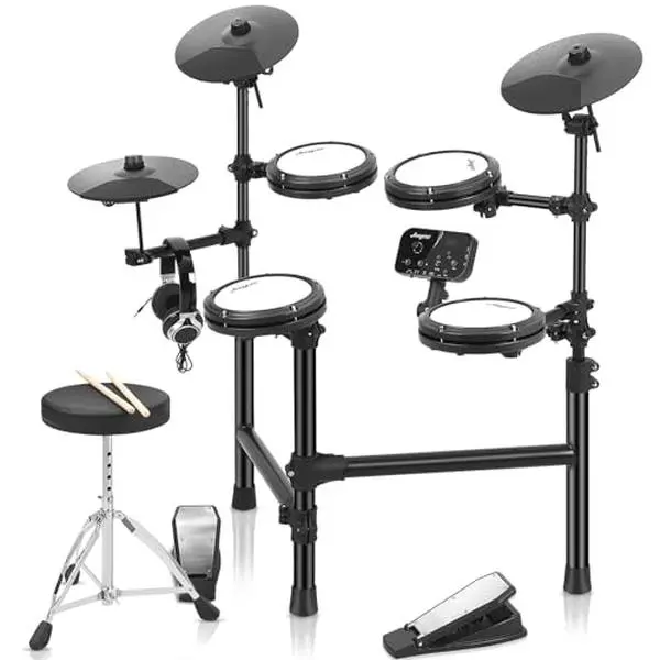 Beginner-Friendly Electric Drum Set - Quiet Play Beginner Kit with 4 Mesh Pads, 2 Pedals, Throne, Drumsticks, Headphones, USB Connectivity, 150 Sounds, 30 Songs for Home Practice, Gifting, Includes Throne