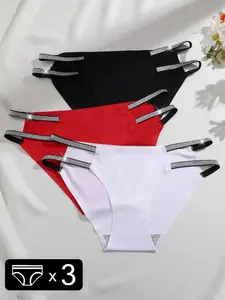 Women's Solid Color Glitter Double Strap Knicker, Korean Wear, 3pcs Soft Comfy Breathable Panty for Daily Wear, Women's Underwear for All Seasons, Korean Streetwear