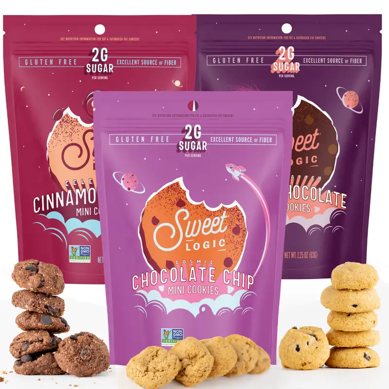 Sweet Logic Low Sugar Gluten Free Mini Cookies Variety Pack- Double Chocolate Brownie, Cinnamon Churro Snickerdoodle, Chocolate Chip -3ct/2.25oz - Tik