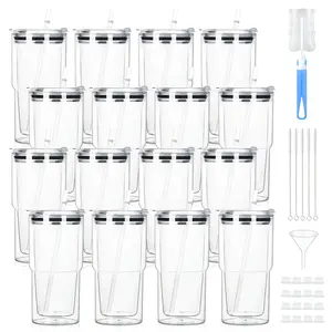 HILAKE 16pcs 18oz Reusable Double-Wall Clear Plastic Cups with Lids, Straws, Funnels & Cleaning Brushes. Perfect for office hydration, birthday party decor, fitness & daily use, ideal DIY gifts for Thanksgiving, Valentine's Day & Graduation Season.