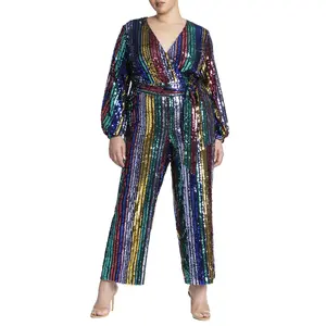 ELOQUII Women's Plus Size Multicolor Stripe Sequin Jumpsuit