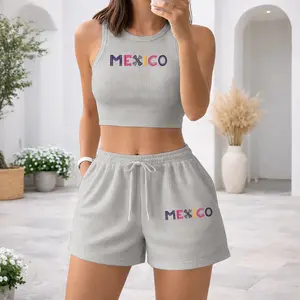Women's Mexican-Print Casual Two-Piece Set: Sleeveless Cropped Tank Top & Shorts. Soft and Stretchy Summer Outfit—Perfect for Vacations or Loungewear.