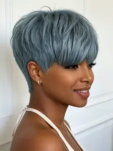 Short Grey Straight Human Hair Pixie Cut Wig for Women 613/Grey Color