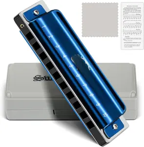 Blues Harmonica C Key for  Adults, 10 Hole Diatonic Harmonica Key of C Brass Reed Blues Harp for Beginners Students, Metal Mouth Organ in Stainless Steel C Major, Black   Blue
