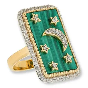 Rarities Gold-Plated Malachite and Zircon Rectangular Celestial Ring