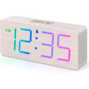 Wooden Digital Clock for Bedroom Desk - RGB Loud  Clock for Heavy Sleepers with Volume Control, Large Numbers with Dimmer for Living Room Office,  Decor (Plug in Clock)