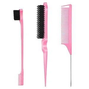 3 Pcs Slick Back Hair Brush Set Edge Brush Rat Tail Comb & Bristle Brush for Sleek Ponytails & Buns Edge Control & Baby Hair Smoothing Hair Accessories for Girls Kids & Toddlers