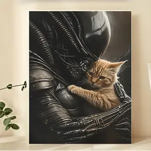 Room Decor 1pc Alien and Kitten Frameless Canvas Print Poster, Vibrant Mural Wall Art Decor, Unique Creative Office, Living Room, Bedroom, Restaurant Wall Hanging