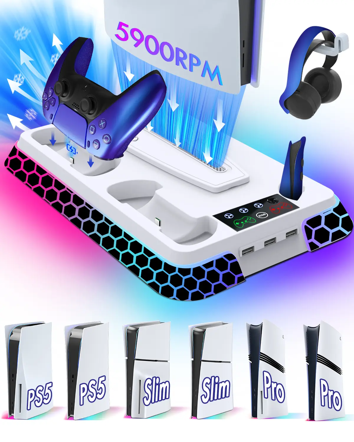 PS5/PS5 Slim/PS5 Pro Stand and Cooling Station with Dual Controller Charging Station for PlayStation 5 Console, UGAME RGB PS5 Accessories with Controller Charger, Cooling Fan, Headset Holder, 3 USB Hub