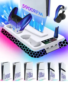PS5/PS5 Slim/PS5 Pro Stand and Cooling Station with Dual Controller Charging Station for PlayStation 5 Console, UGAME RGB PS5 Accessories with Controller Charger, Cooling Fan, Headset Holder, 3 USB Hub