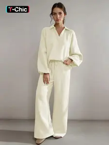 Women's Slouchy Solid Color V-Neck Loose Textured Pullover & Drawstring Waist Trousers Co-ord Casual