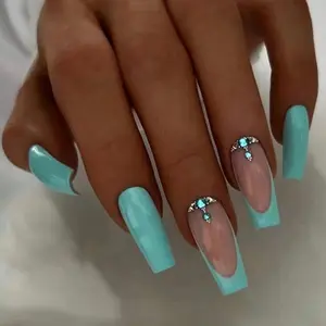 A25 Blue Rhinestone Gem Design French Tip Press-On Nails Baby Blue Royal Blue Sky Blue Blue Gem Diamond Medium Length 24 Set Of Nails Durable Strong Long Lasting