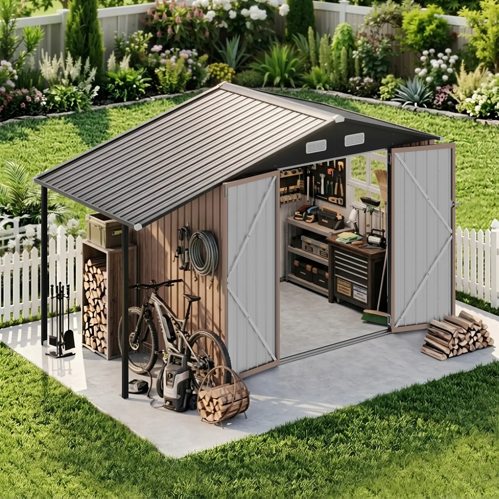 Aoxun 6'x10' 2-in-1 Metal Outdoor Storage Shed with Extended Gazebo Roof, 7'x12' Optional Size, Galvanized Steel Garden Tool Shed, Lockable Double Doors & Side Window, All Weather UV Rain Snow Resistant Firewood Bike Storage Shed for Backyard Patio Lawn