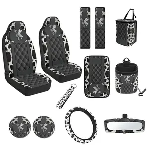 Western Cow Print Car Interior Accessories Bundle, Premium PU Leather Seat Covers Set Includes Steering Wheel Cover, Seat Belt Pads, Cup Coasters, Trash Bag, Air Vent Storage Bag, Rearview Mirror Cover & Keychain for Universal Cars