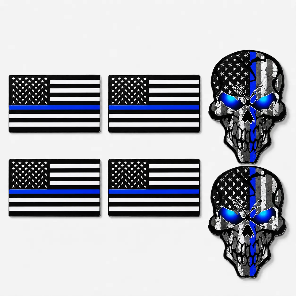 6-Pack Blue Line Flag & Skull Car Decals, Waterproof Vinyl Cars Accessories for Trucks, Motorcycles, Windows & Laptops