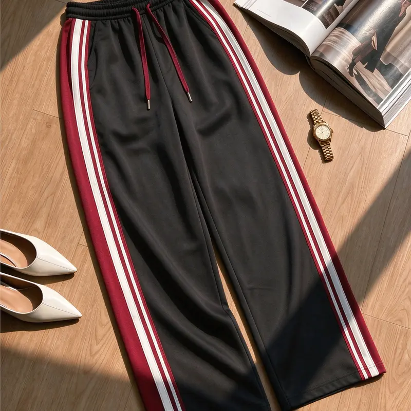 Women's High Waist Wide-Leg Sweatpants (Single & 2-Pack Options) - Drawstring, Striped Detail, Athleisure Fitness Bottoms, Breathable Sporty Bottoms, Baggy Legged Pants, Comfy Pants, Gym Clothes Women for Workouts & Casual Wear