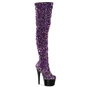 Women's 7 in Heel Platform Boot - ADORE-3020 Purple Multi Sequins, Stretch Footwear Shoe