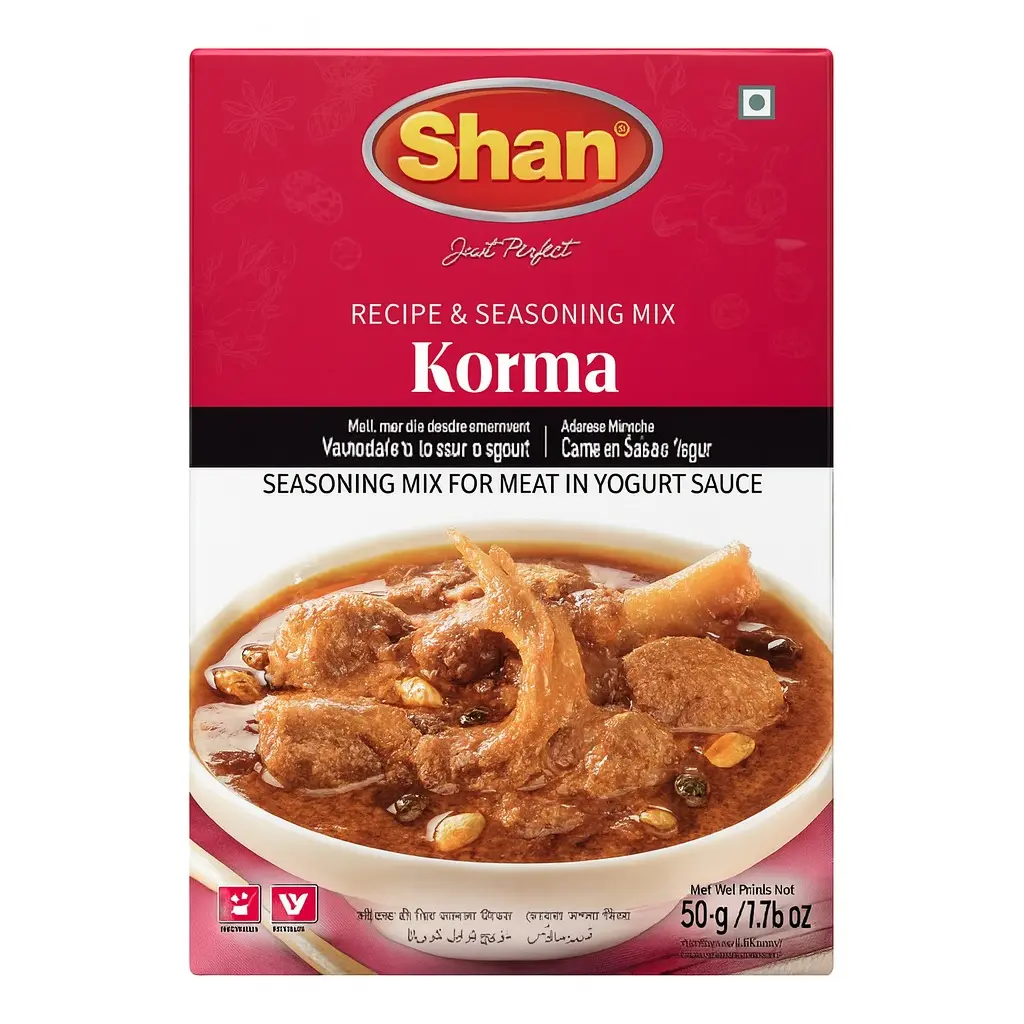 Shan Korma Recipe and Seasoning Mix 1.76 oz 50g Spice Powder for Traditional Meat in Yogurt Sauce Vegetarian Friendly Airtight Bag in a Box