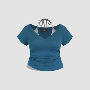 Cider [6 colors, size 0-26] Halter Neckline Patchy Short Sleeve Top Curve & Plus