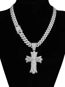 Hiphop Cross Design Pendant Necklace Full Drill Cuban Chunky Chain, Creative Alloy Jewelry for Men & Women, Trendy Unisex Accessory