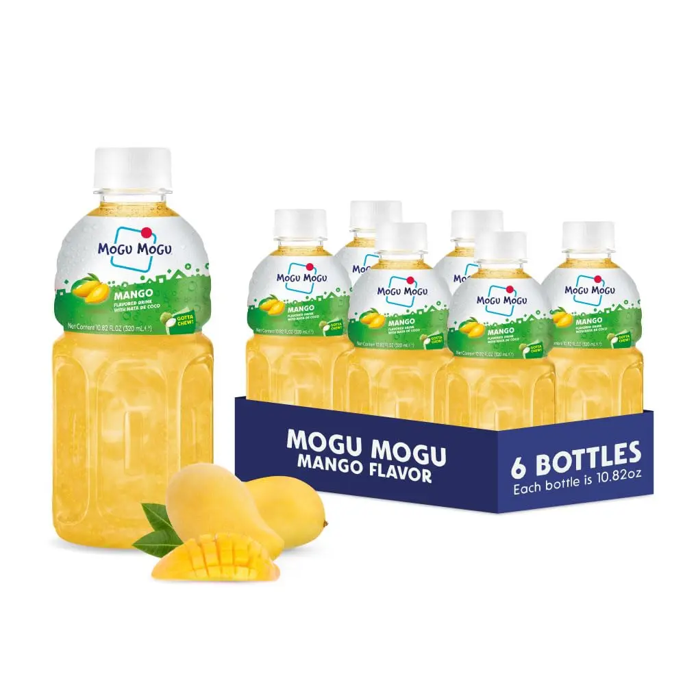 Mogu Mogu Mango Juice Drink with Nata de Coco, Chewy Coconut Jelly Beverage, 6-Pack Bottles, 10.82 fl oz Each, Fruit Refreshing Drink