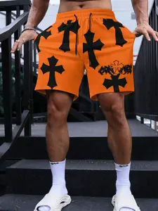 Men's Regular Fit Cross Print Shorts, Casual Comfy Breathable Quick Drying Shorts for Daily Outdoor Wear, Men Bottoms for Summer, Breathable Printed Shorts