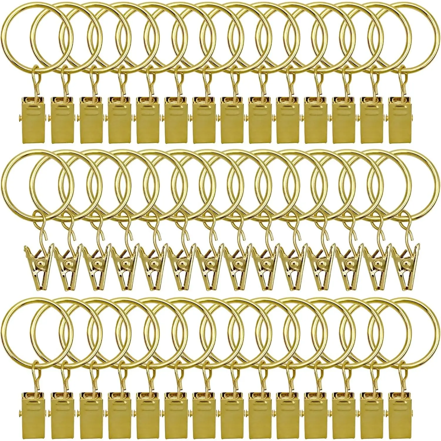 42 Pack Curtain Rings with Clips 1.26" Interior Diameter,Metal Drapery Ring with Clips Compatible with up to 1 inch Drapery Rod,  Decorative Rustproof Drapery Ring with Hooks(Golden)