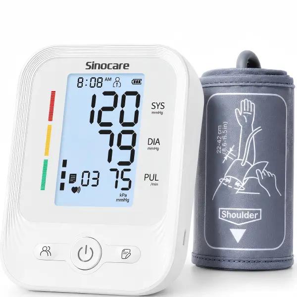 Sinocare Electronic Upper Arm Blood Pressure Monitor, 3-Color Display, 8.6"-16.5" Adjustable Cuff, Clinically Accurate, 1-Button Operation, Dual User Mode with 120 Memories Each, Home BP Machine for Heart Health
