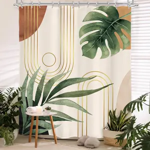Boho Sage Green Shower Curtain 72Wx72L Inches, Abstract Bohemian Mid Century Bathroom Curtains, Plant Botanical Palm Leaf Cute Decor Fabric Shower Curtain Set Bathroom Rugs Waterproof 12 Hooks