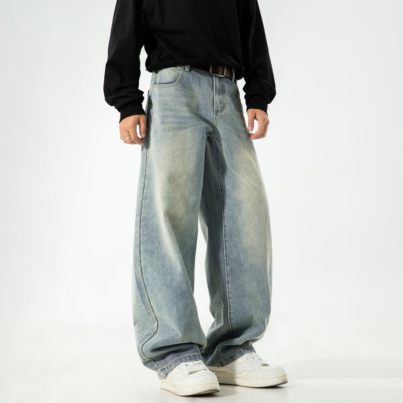 Men's Vintage Oversized Jeans for Fall, Washed Distressed Trendy Brand Loose Straight Leg Pants, Unisex Street Style Minimalist Versatile Fashion Floor-Length Jeans, Men's Denim Pants, Youthful Popular Student Pants, Soft Comfortable Fabric, Suitable for