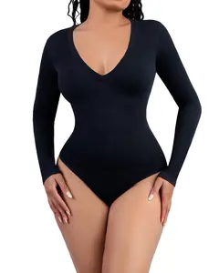 FeelinGirl Womenswear Seamless Long Sleeve Thong Bodysuit Comfortable Casual Basic Nylon Vneck