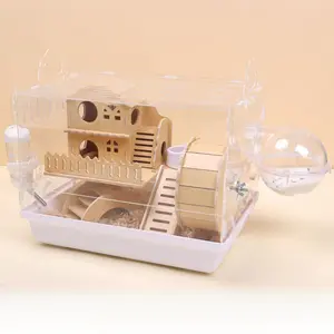 8-in-1 Acrylic Hamster Cage Double Layer Low Hamster Cage with Wooden Wheel and Hideout Small Hamster Habitat and Accessories Transparent Pet Mouse House