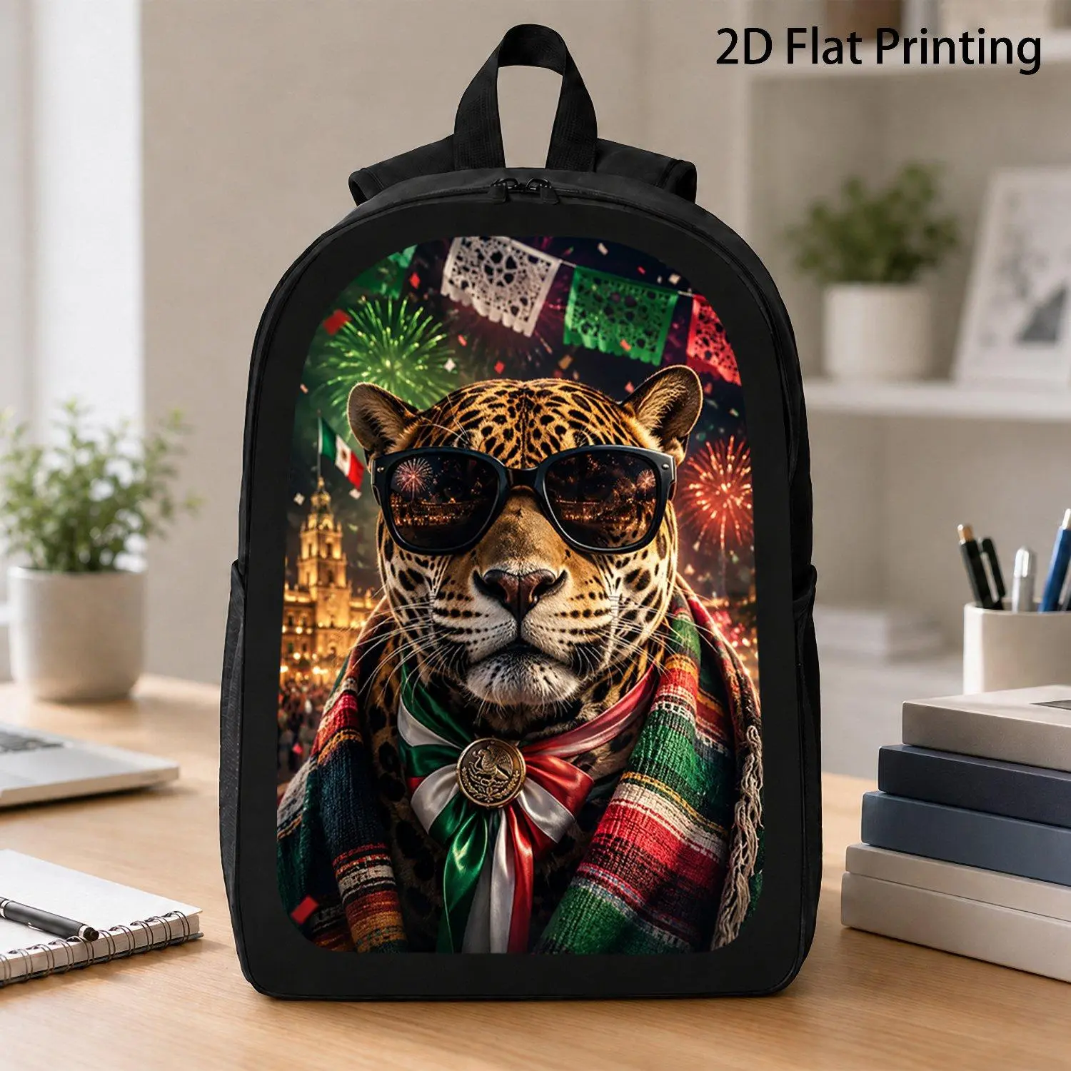 [17 Inch Backpack] 1pc Stylish Jaguar Animal Mexico Independence Day Backpack Trending Sunglasses Firework Confetti Mexican Flag Themed Travel School Backpack