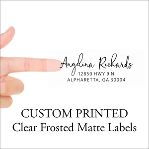 Clear Address Labels - Frosted Clear Transparent Custom Printed Personalized Return Address Labels for Envelopes, 5 Sheets, 150 Labels total - Signature Style Font