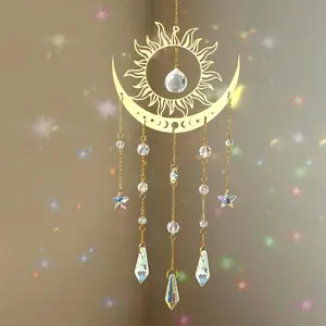 1pc Golden Flame Moon Crystal Pendant Sunlight Catcher for Outdoor Garden Decor, Ab Color Hanging Ornament for Halloween and Festivals, Home Room Wall Decor Gifts