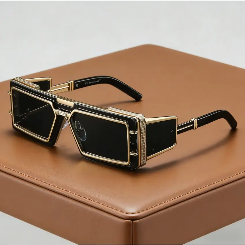Futuristic Glam Sunglasses for Adults, Gold Metal Frame with Cut Out Accents & Mirrored Lenses, UV400 Sun Protection for Festivals, Festival, Geometric, Oversized, Dark, Bold, Glamourous, Polished Finishes, Square, Unisex, Square Shape, Bold Look, Flexibl
