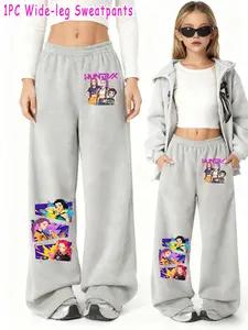 Girls Kpop Demon Hunters Korean Fashion Wide Leg Pants, Graphic Pants, Cartoon Anime Print Casual Trousers, Spring & Fall Comfortable Fitted Jeans