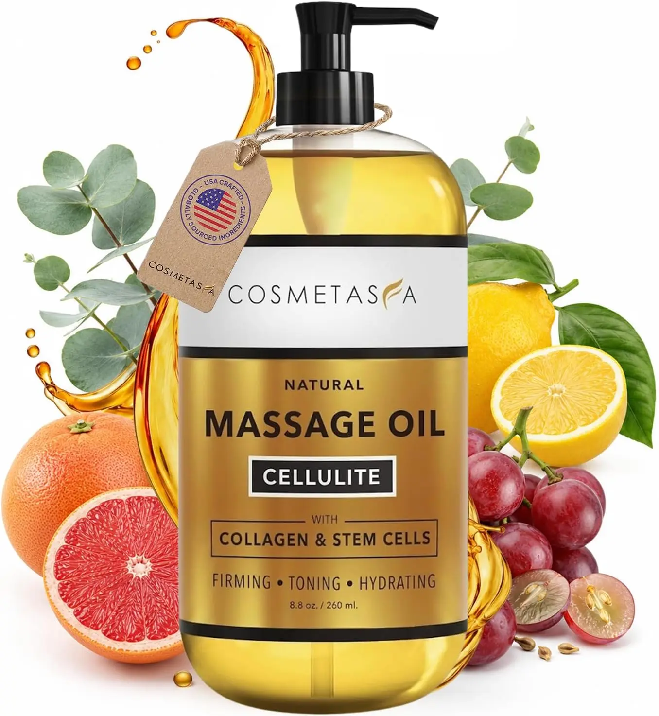 Cosmetasa Anti Cellulite Massage Oil – Lymphatic Drainage & Firming Body Oil with Collagen & Stem Cells – Toning & Hydrating, Lightweight, Non-Greasy Formula (8.8 fl oz)
