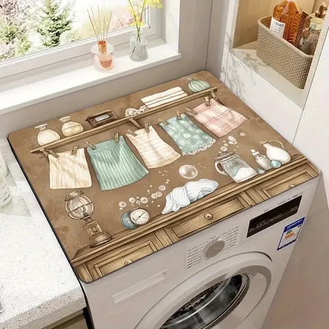 1pc Vintage Print Polyester Home Decoration Dustproof Cover - Full-Width, Single-Sided Printing, Rubber Anti-Slip Base, High Absorbency, Lightweight, Durable, Anti-Scratch Mat for Front-Load Washer, Dryer