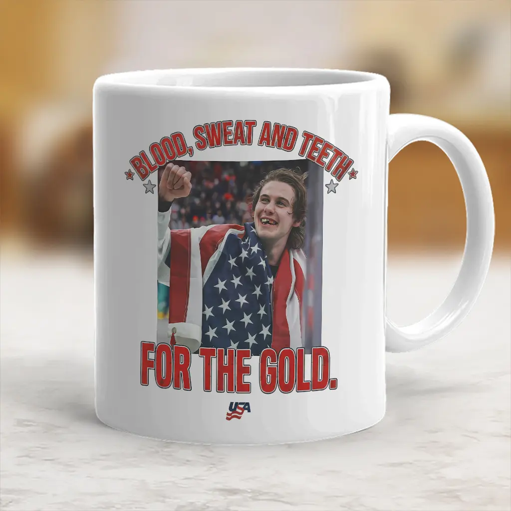 Jack Hughes Bloody, Blood Sweat and Teeth for the Gold USA Hockey Coffee Mug Golden Goal