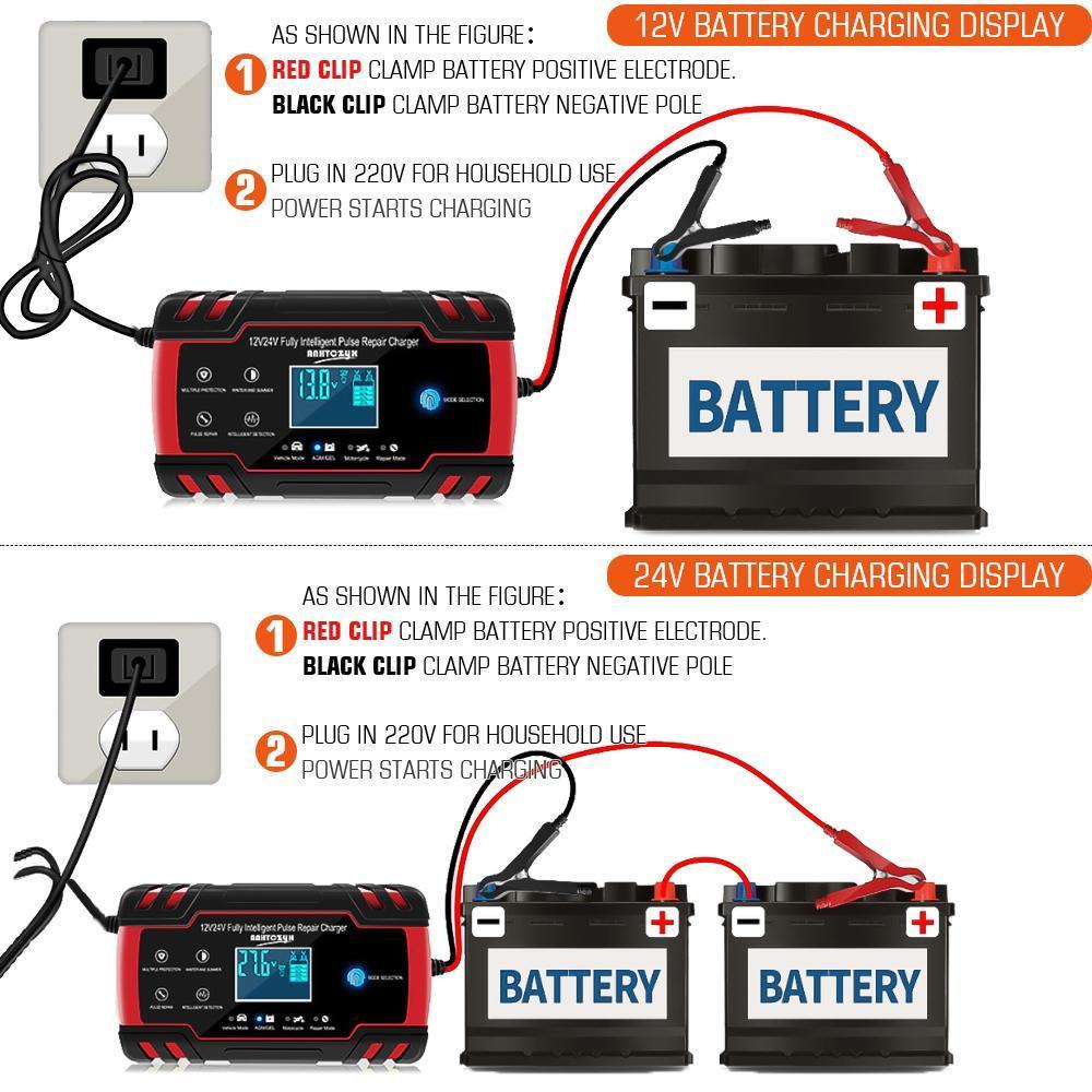 Battery Charger 8-Amp 12V and 24V Fully-Automatic Smart Car Battery Charger, Battery Maintainer Trickle Charger, and Battery Desulfator with Temperature Compensation,for Car, Lawn Mower, Motorcycle, Boat, SUV and More
