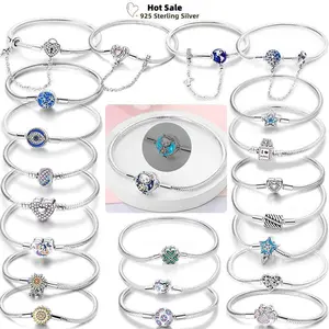 Original 925 Silver Bracelet StarMoon Rainbow Zirconia Four Leaf Clover 17-20CM Heart Bracelets Fit DIY Charms Birthday Jewelry