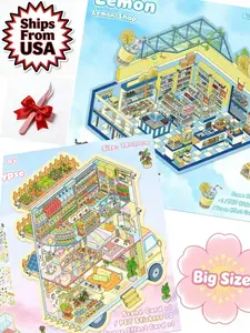3D miniature world building block stickers, large-sized stickers, including two scenes: a lemon convenience store and a post-apocalyptic RV, allowing you to create your own world.