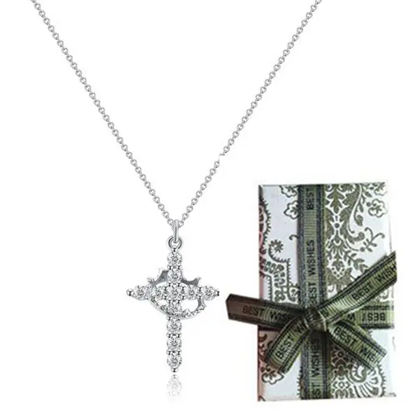 Delicate Crown Cross Necklace - Sparkling Sterling Silver Gold Pendant with Cubic Zirconia - Minimalist Gold Cross Charm - Petite and Charming Women's Jewelry