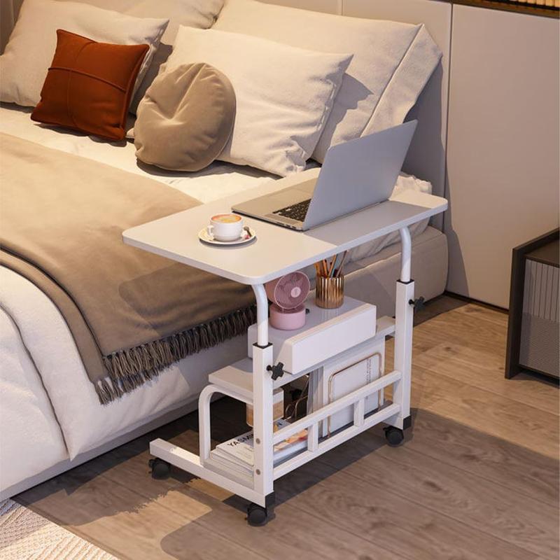 Adjustable Height Mobile Standing Desk with Wheels – Portable Rolling Computer Table – Storage Shelves – Bedside, School & Home Office – Walnut Color