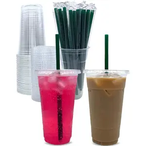 [50 Sets] 24 oz Clear Plastic Cups with Lids and STRAWS, Disposable Party Cups for To Go Iced Coffee Cold Drinks, Smoothie, Juice, Parfait, Frappuccino, Milkshake.No Leaking Fruit Cup